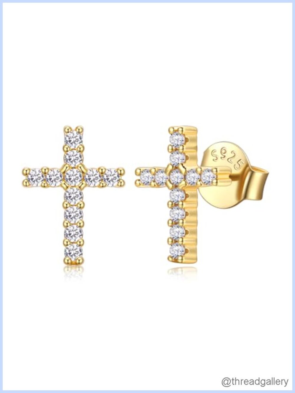 925 Sterling Silver 14K Gold Cross Stud Earrings Cubic Zirconia Minimalist